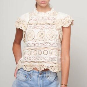 SEA Evie Eyelet Flutter Sleeve Top XXS Cream Neutral Lace Boho Cottagecore